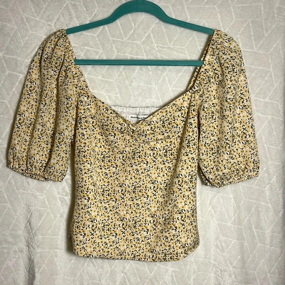 Abercrombie & Fitch Yellow Daisy Puff Sleeve Sweetheart Top Women's Size Small - Picture 1 of 7